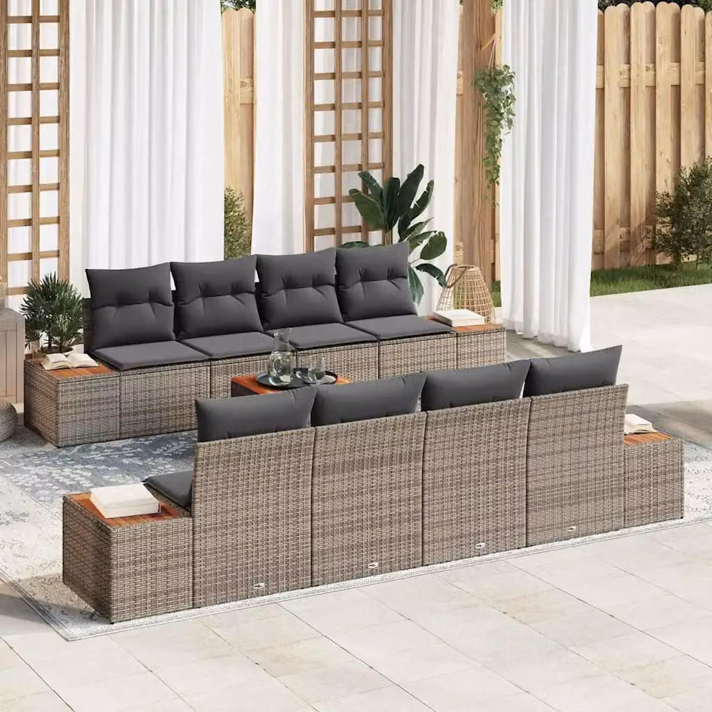 Set Divano da Giardino vidaXL 9 Pezzi in Polyrattan Grigio con Cuscini e Tavolino da Caffè – 1