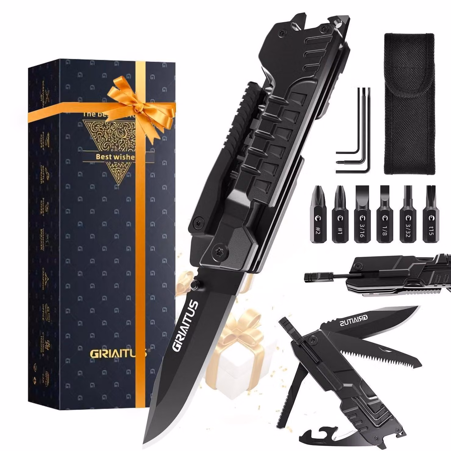 Coltello multiuso 17-in-1, accessorio da campeggio, acciaio inossidabile, con sega, cacciavite, apriscatole, fischietto, gadget per la sopravvivenza all'aperto