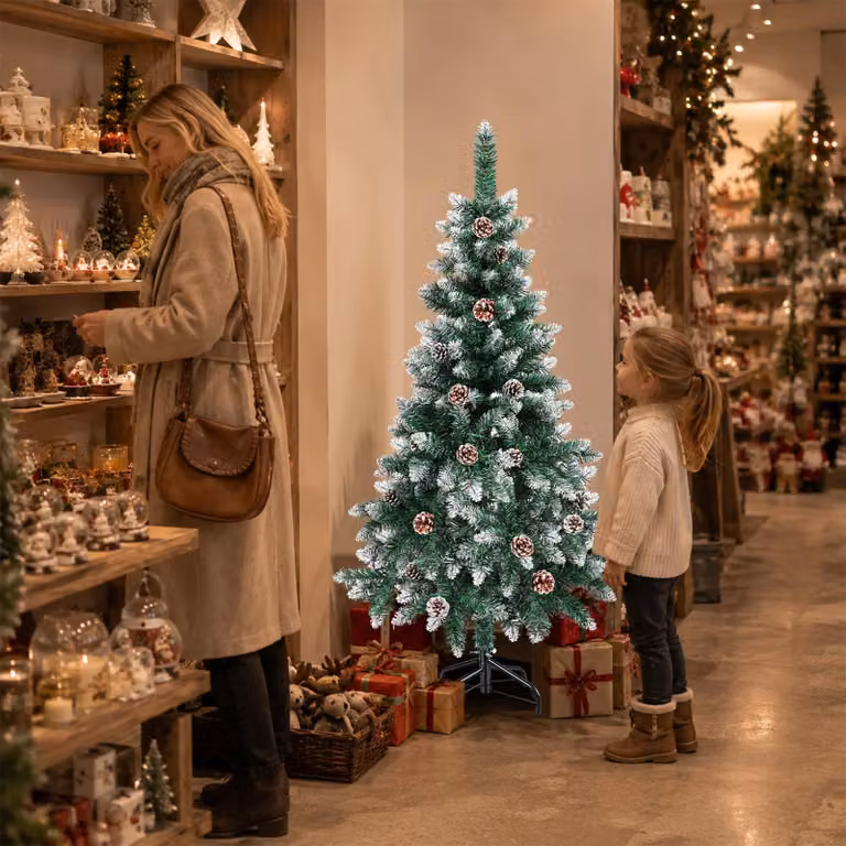 Albero di Natale artificiale Ikodm, 150 cm, verde, con 20 pigne e effetto neve, 300 punte di ramo, realizzato in PVC, con supporto in metallo