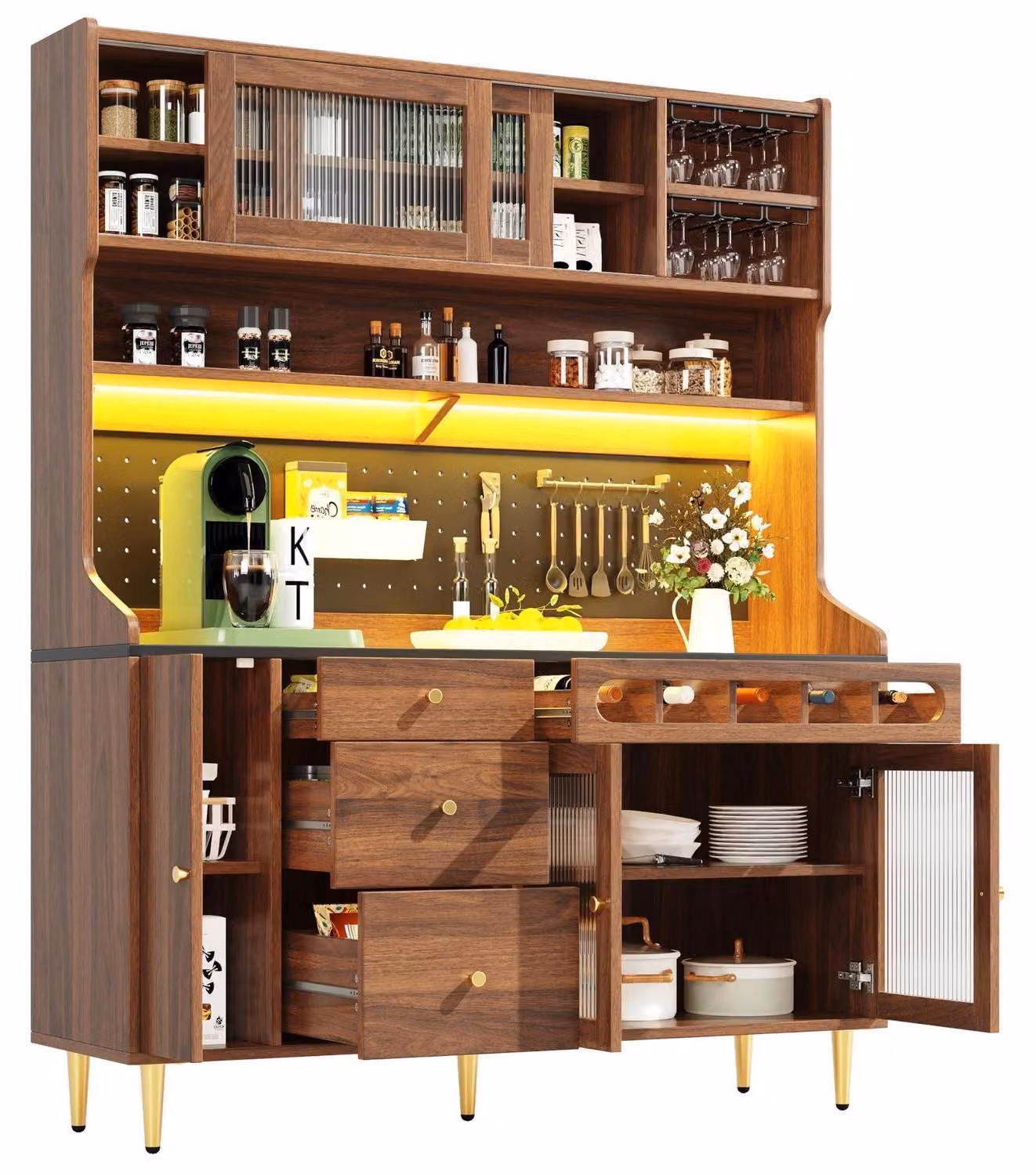 Mobiletto alto con piano di lavoro, illuminazione a LED, scaffale per vino, dimensioni 145x39x171 cm, finitura noce