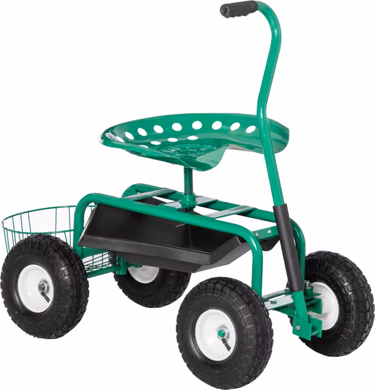 Carrello da giardino Moonbite con sedile girevole a 360°, carrello con cesto porta-attrezzi, altezza regolabile da 46 a 59 cm, capacità di carico di 150 kg, sterzabile tramite manubrio, metallo, colore verde