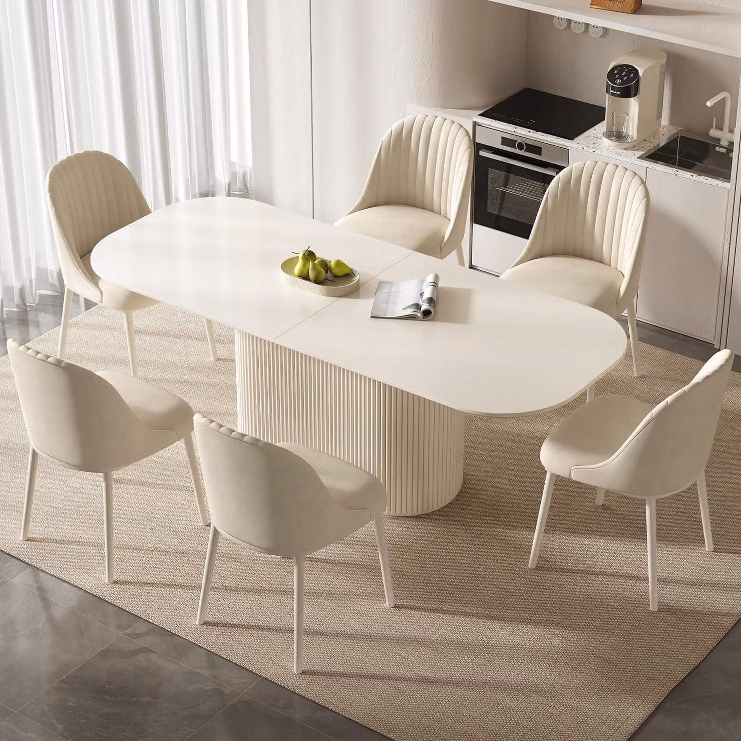 Set tavolo da pranzo con 6 sedie, 220 cm, bianco. Design scandinavo, salvaspazio, facile da pulire