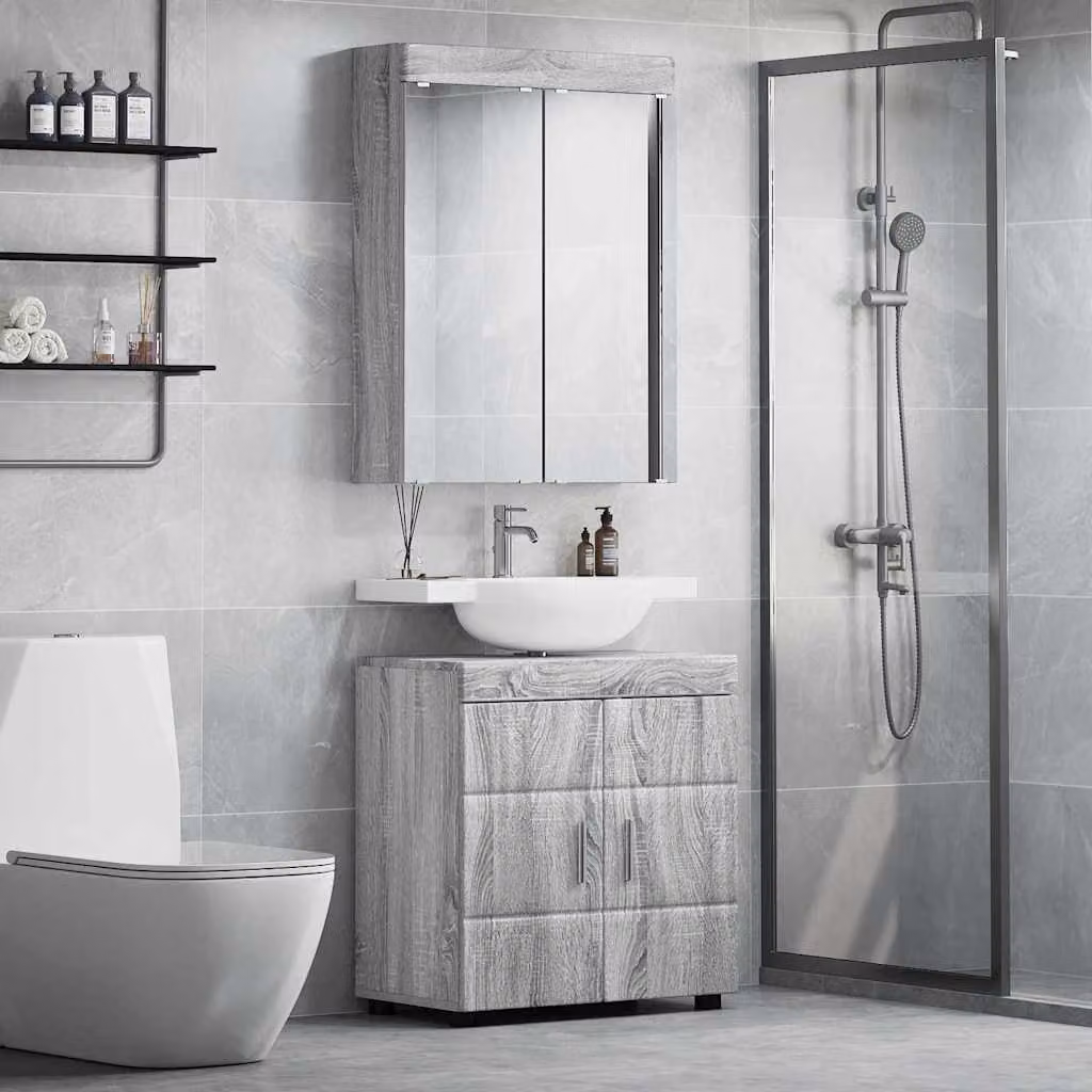 Set di mobili per il bagno vidaXL TULUM composto da mobile lavabo e armadietto con specchio, Grigio e Argento, moderno e da appendere al muro – 1