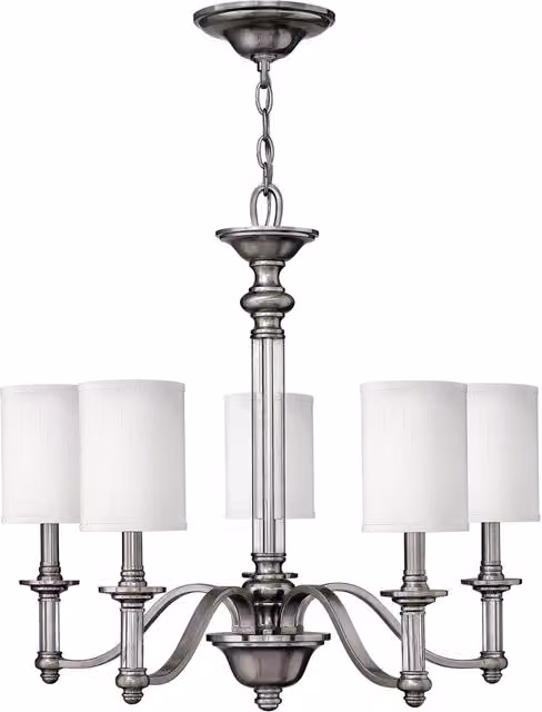 Lampadario Classico Sussex Hinkley in Acciaio Nichelato Argento e Tessuto Bianco con 5 Luci E14