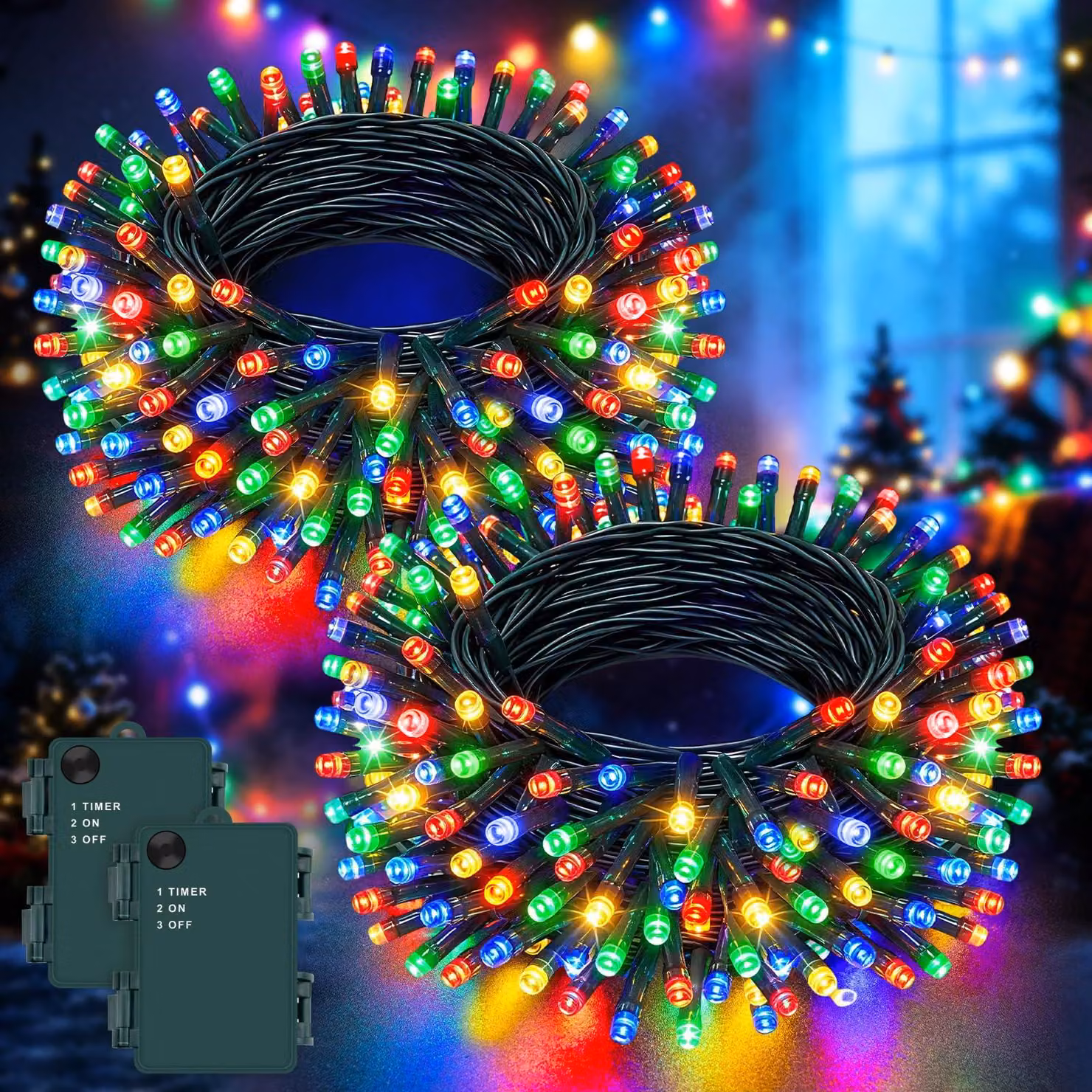 Catene luminose da 5 metri, con 50 LED, multicolore, con timer, grado di protezione IP65, confezione da 2 pezzi