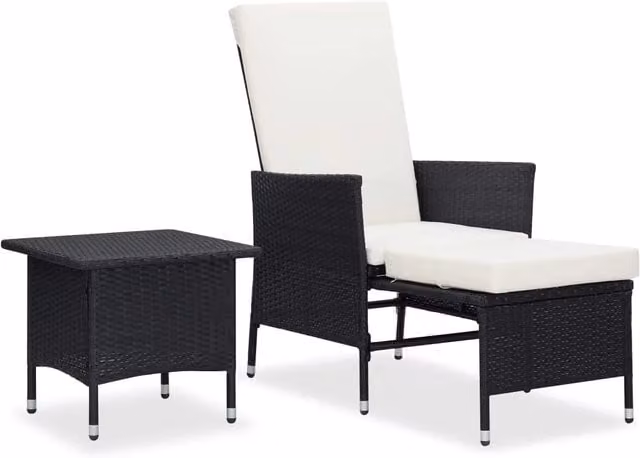 Set da giardino Outsunny composto da poltrona lounge, tavolino da esterno e pouf con cuscini in tessuto, struttura in metallo nero e bianco