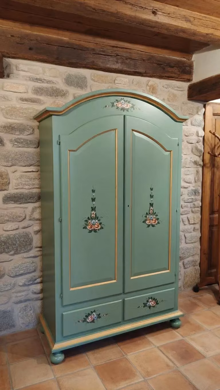 Armadio classico shabby chic Mobili 2G con 2 ante e decori floreali verde e oro L: 125 cm, P: 61 cm, H: 200 cm – 1