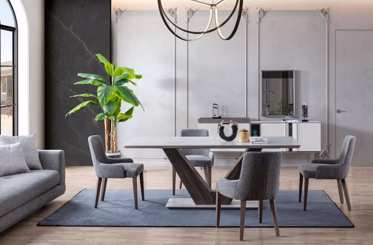 Luxus Esszimmer Set Esstisch 4x Stühle + Anrichte mit Spiegel Set
