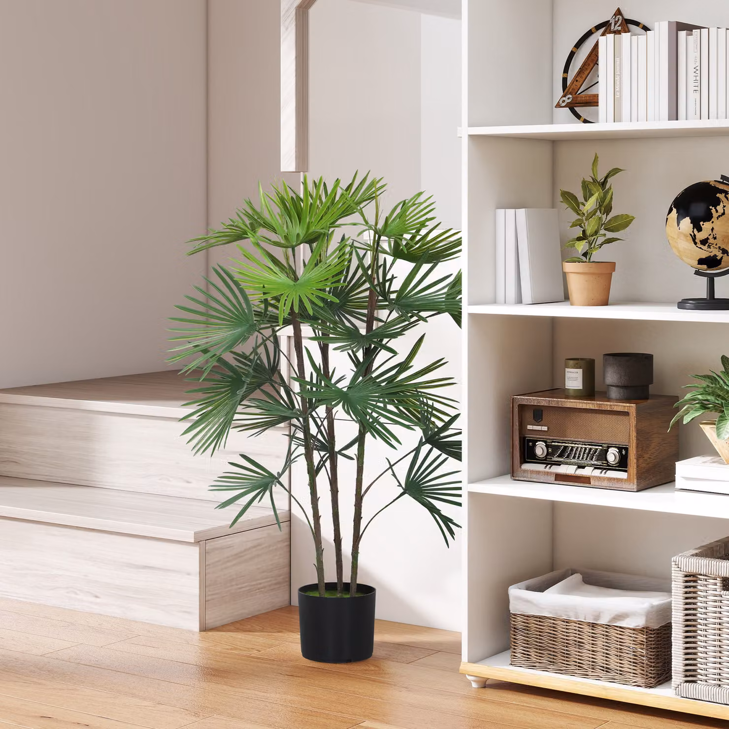 Palma artificiale HOMCOM verde con 24 foglie in plastica e vaso in cemento, Altezza: 90 cm, Diametro vaso: 16,5 cm, Altezza vaso: 13,5 cm – 2