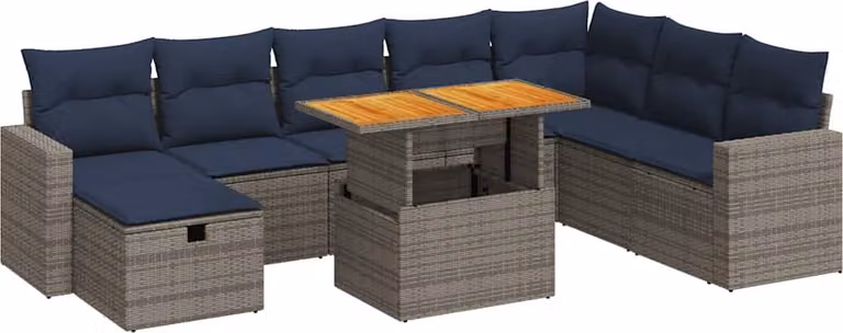 Set Divano da Giardino 9pz con Cuscini Grigio Polyrattan Acacia