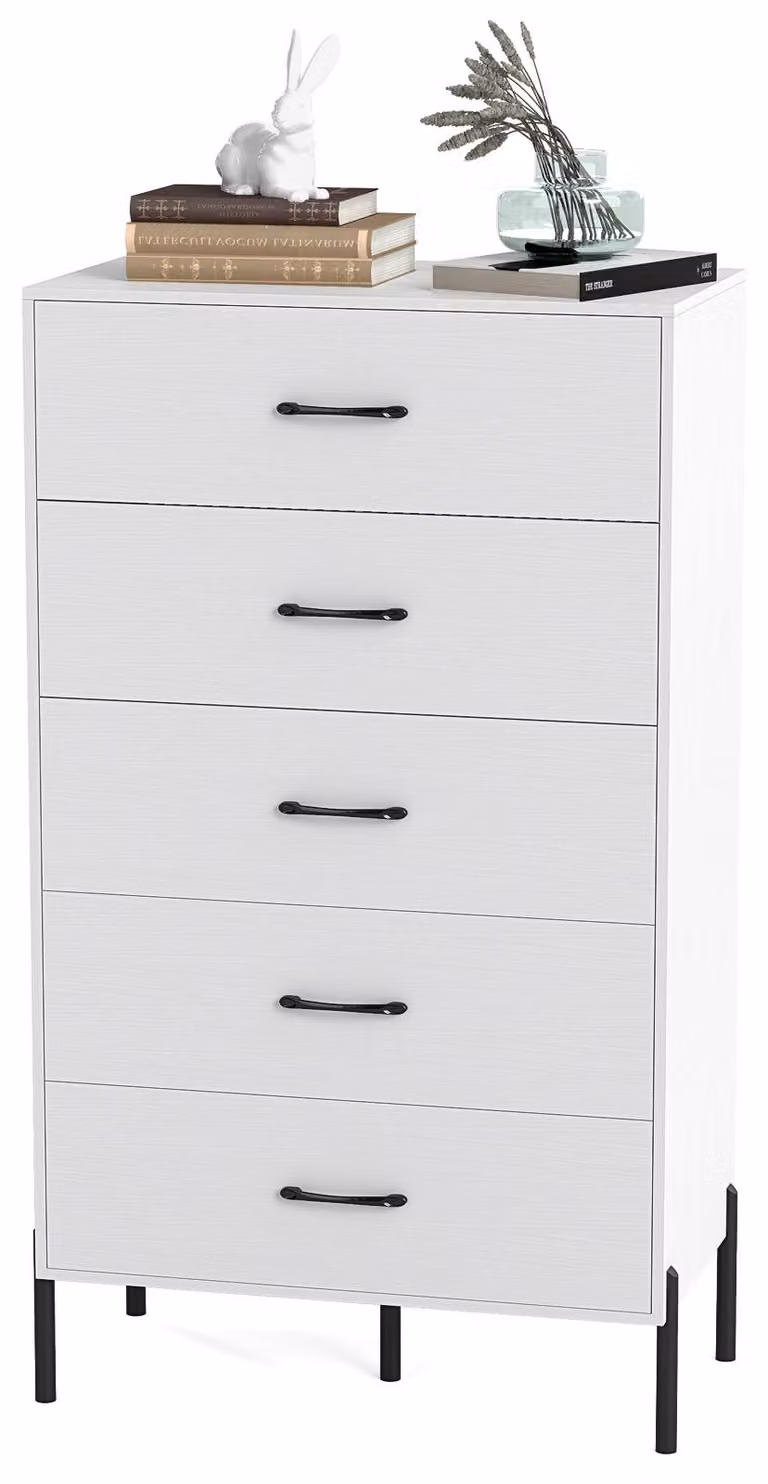 KOMFOTTEU Cassettiera con 2/5 cassetti, cassettiera moderna con gambe e maniglie in metallo, mobile organizzatore per soggiorno, ufficio, studio, bianco (con 5 cassetti)