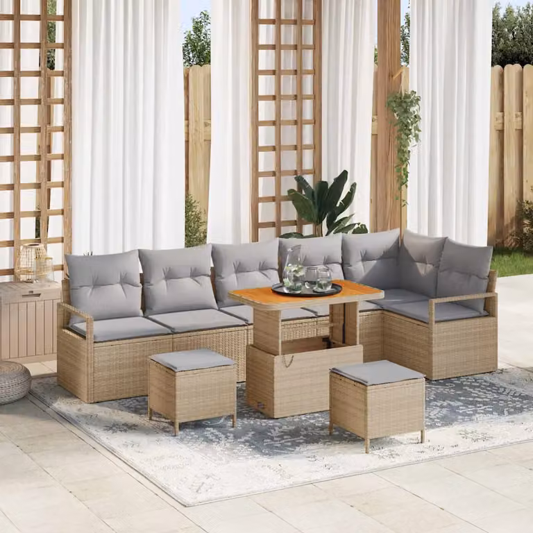 Set Divano da Giardino vidaXL 9 pz Beige con Cuscini e Tavolino, Design Moderno a L in Polyrattan e Acciaio con Struttura in Legno di Acacia