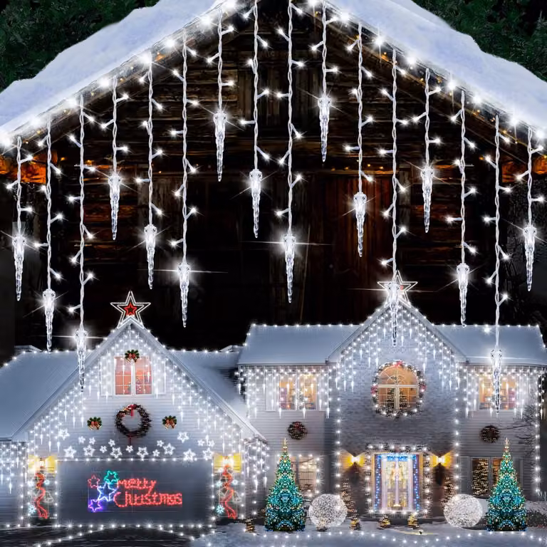 Tenda luminosa da 10 metri, con 360 LED, luce bianca fredda, effetto "pioggia di ghiaccio", 8 modalità, grado di protezione IP44