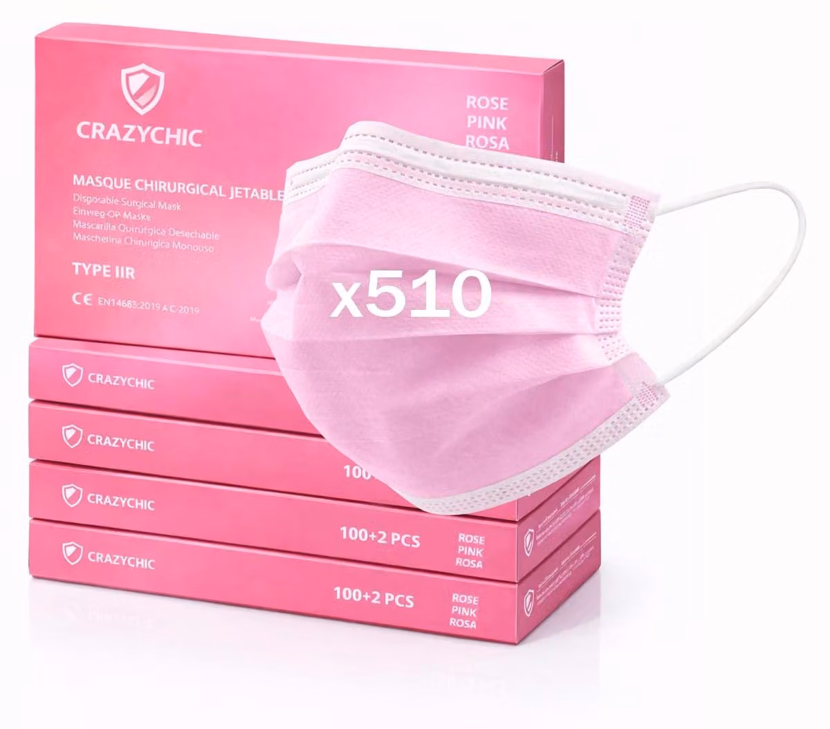Mascherina chirurgica di tipo IIR, rosa, a 3 strati, confezione da 510 pezzi, dispositivo di protezione individuale per la bocca e il naso