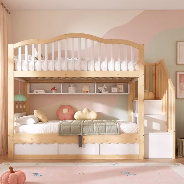 Letto a Castello per Bambini 90x200 cm con Spazio di Stoccaggio Idraulico, Struttura in Legno Bianco e Rovere, con Scala Sicura e Mensole