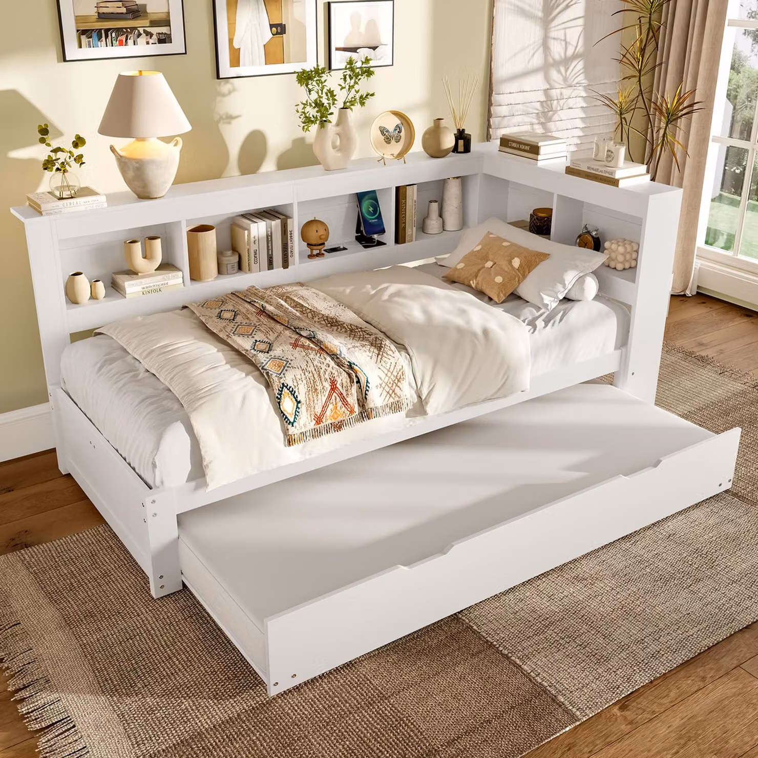 Divano letto STILVORA Daybett 90 x 200 cm con letto estraibile, struttura letto per ragazzi con presa USB e rete a doghe, con materasso, bianco