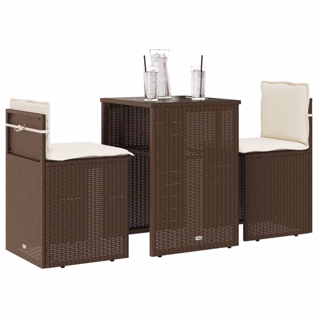 Set Bistrò vidaXL da 3 pezzi in Polyrattan Marrone con Cuscini Bianchi e Tavolo in Vetro per Giardino e Terrazzo