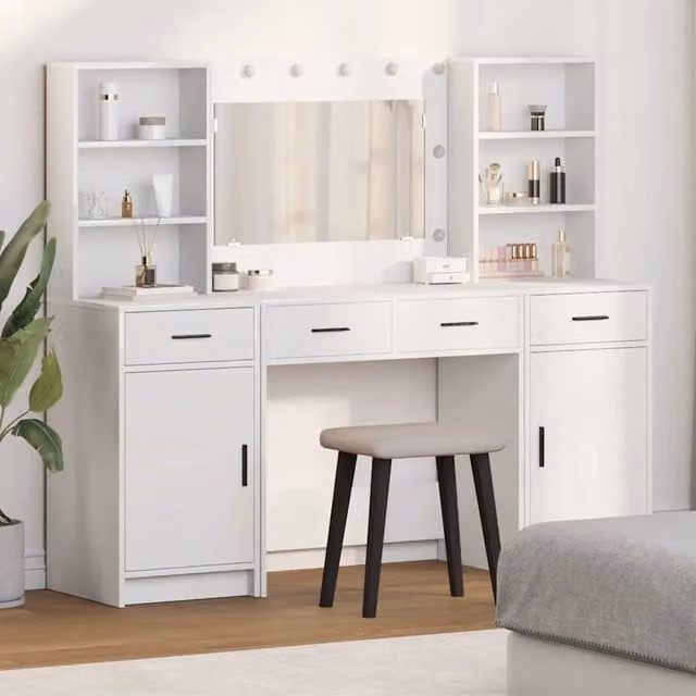 Set da trucco Hollywood con LED vidaXL Bianco L: 135 cm, P: 41 cm, H: 78,5 cm