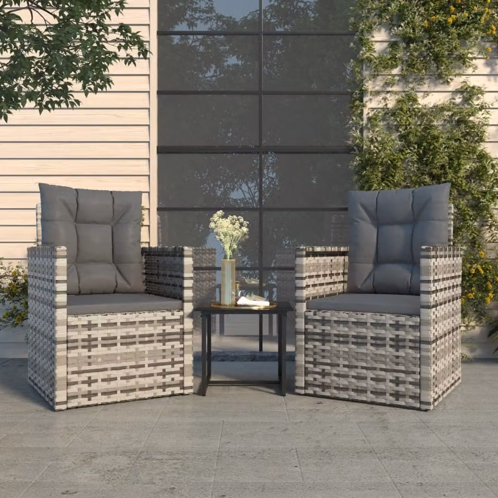 The Living Store Set da giardino 3 pezzi con cuscini in poly rattan grigio