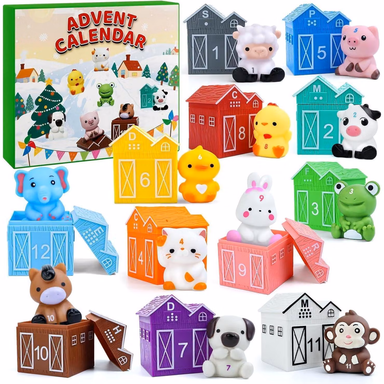 Calendario dell'Avvento 2025 con 12 marionette a dito e casette, ideale per bambini piccoli di età compresa tra 1 e 3 anni