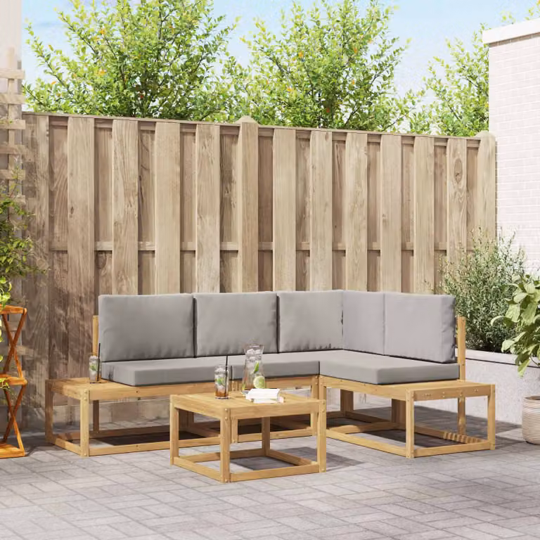 Set di divani da esterno vidaXL a forma di L composto da 5 pezzi con tavolo da caffè, realizzato in legno di acacia e tessuto in poliestere resistente ai raggi UV, ideale per giardino o terrazza