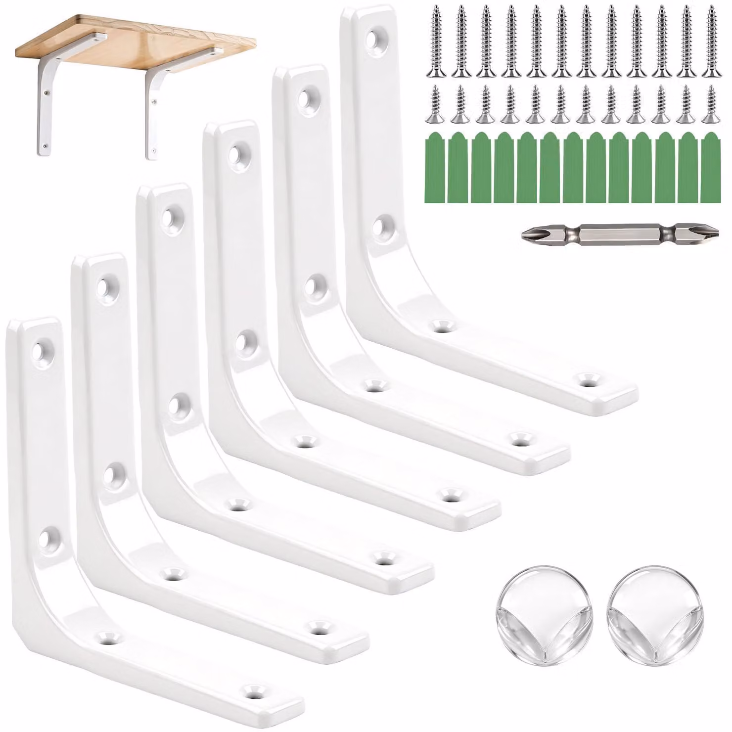 6 staffe per mensole, dimensioni 100 x 100 mm, colore bianco, robuste staffe a forma di L in metallo per montaggio a parete