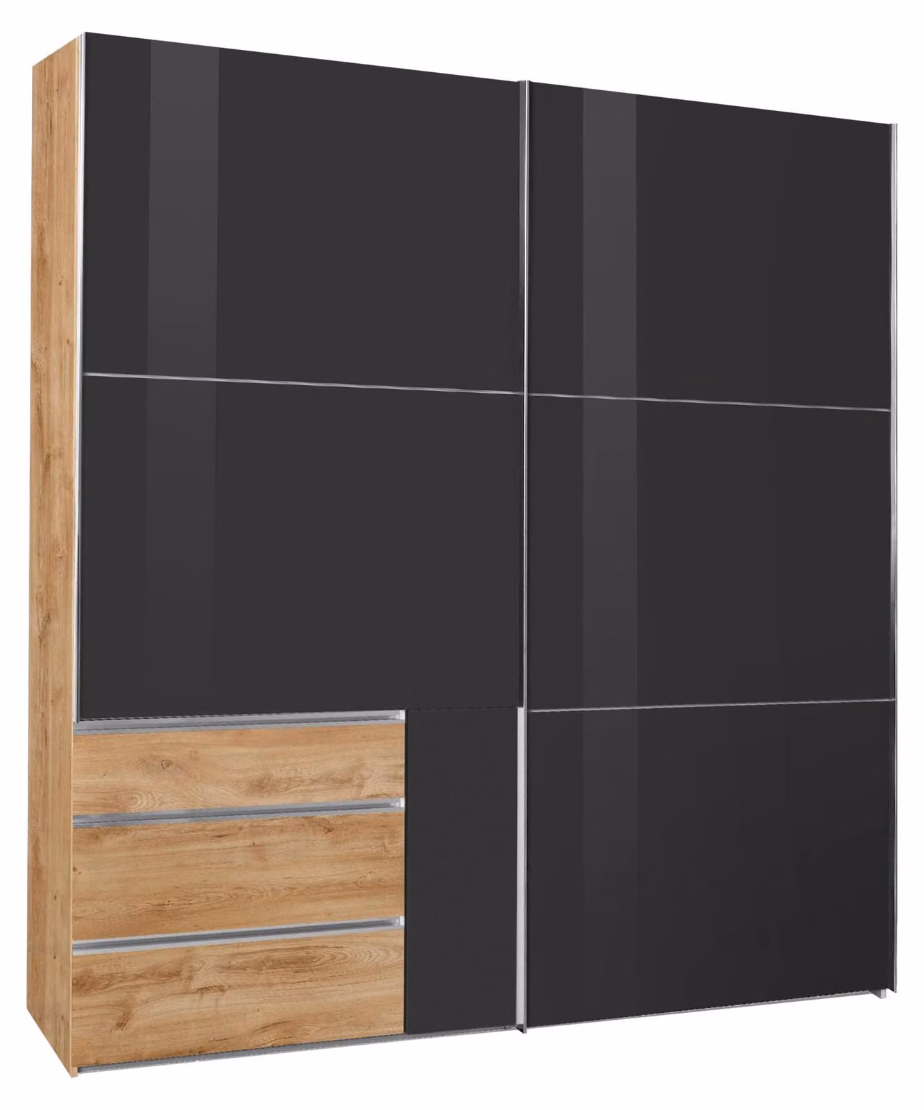 Armadio a porte scorrevoli Level, 2 ante, 200x65x216 cm, rovere a doghe, vetro grigio