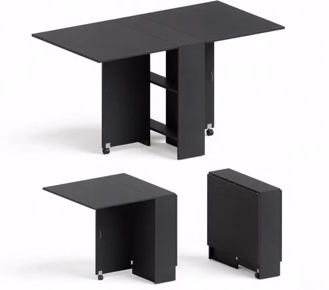 Tavolo da pranzo pieghevole con piano allungabile, struttura nera in truciolato, dimensioni variabili fino a 140 cm
