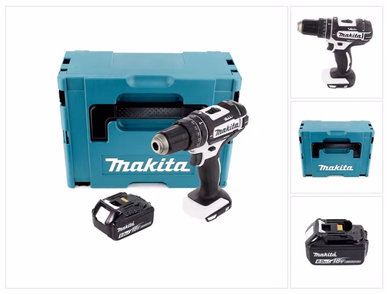 Trapano avvitatore a percussione a batteria Makita DHP 482 G1J W 18 V 62 Nm, bianco + 1 batteria da 6,0 Ah + Makpac - senza caricabatterie