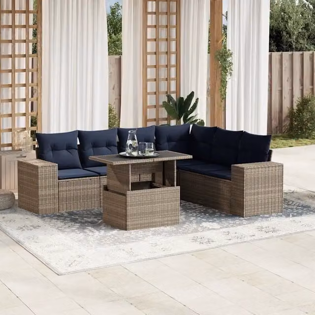 Set da giardino moderno vidaXL composto da 7 pezzi con divano ad angolo a L, tavolino da caffè e cuscini in tessuto blu e grigio con struttura in metallo e rattan