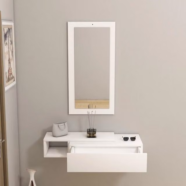 DMORA Mobile da Ingresso Moderno con Specchio e Ante con Cassetti, Bianco e Beige, L: 82 cm, P: 30 cm, H: 16 cm