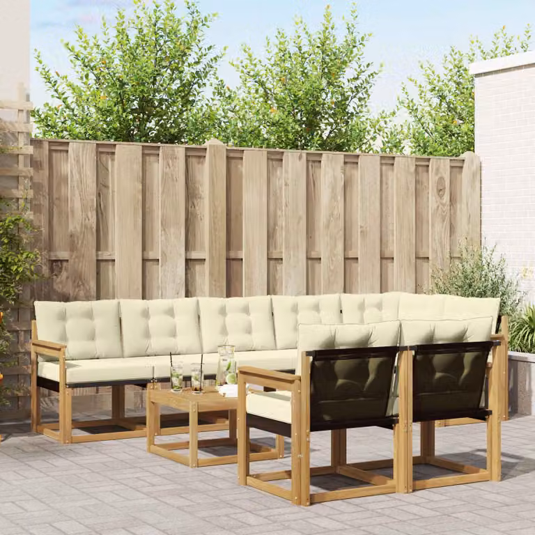 vidaXL Set di divani da esterno a L in legno di acacia con tavolino e cuscini, Bianco, Beige e Marrone