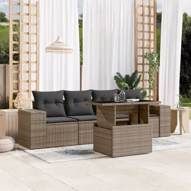 Set da giardino vidaXL composto da 5 pezzi in polyrattan grigio con cuscini e tavolino