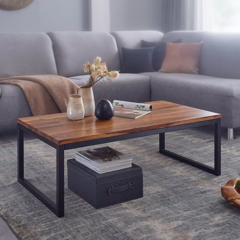 FineBuy Tavolino da caffè in legno massiccio di Sheesham 110 cm - Tavolo rettangolare da salotto dal design industriale con gambe a slitta in metallo - Fatto a mano e robusto