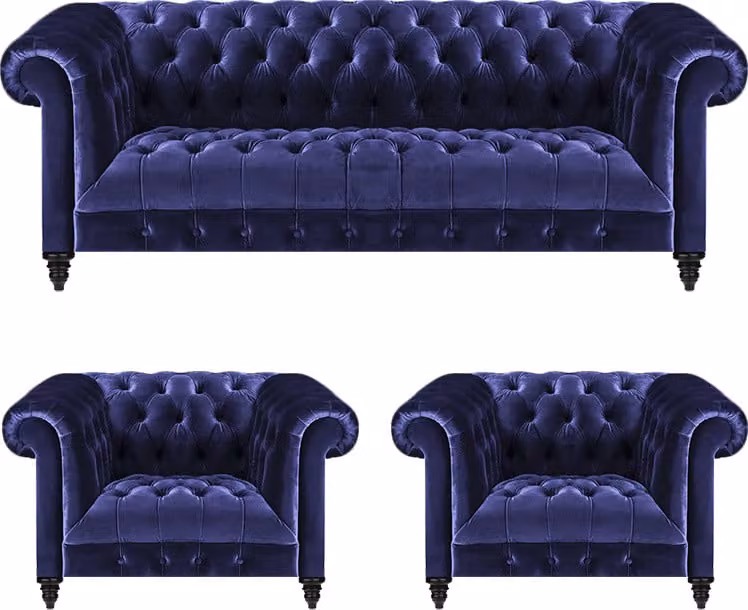 Blau Set 3tlg Chesterfield Komplett Sofa Dreisitze 2x Sessel Wohnzimmer