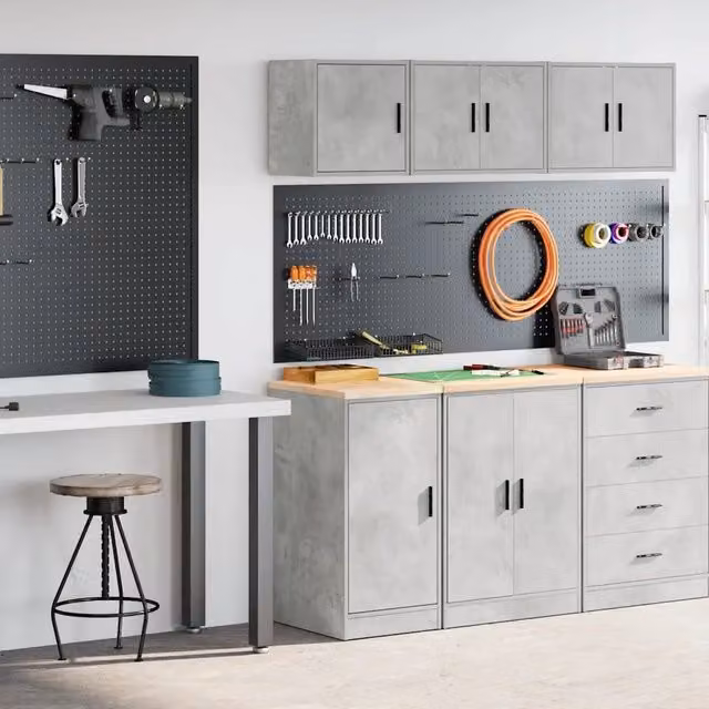 Set di 2 armadi da garage vidaXL in legno multistrato, colore grigio cemento, modello a parete