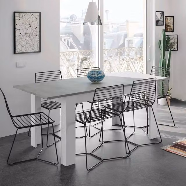 Tavolo da pranzo estensibile Abudula DMORA, design moderno in finitura cemento e bianco, L: 140/190 x P: 90 x H: 78 cm