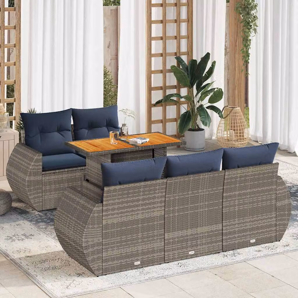 Set Divano da Giardino a L vidaXL in Polyrattan con Cuscini e Tavolino, 6 Pezzi, Grigio e Blu