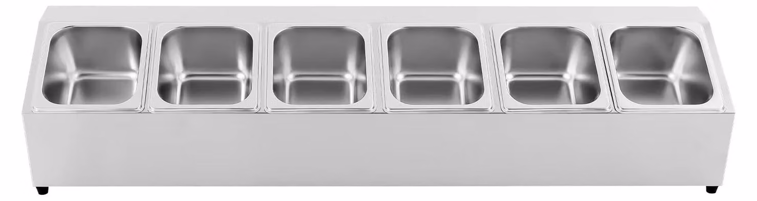 Scaffale per spezie - Mobiletto in acciaio inossidabile per spezie con 6 contenitori da 1,5 litri - Piano di lavoro - Supporto inclinato - 104 x 22,5 x 22 cm - Argento