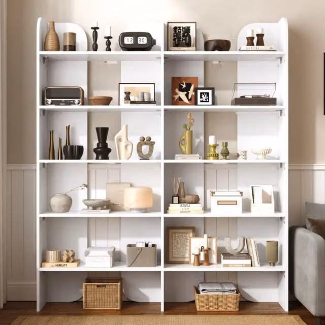 Libreria aperta con 5 ripiani e divisori centrali, per soggiorno e ufficio, in pannelli di particelle bianco, 135 × 25 × 160 cm