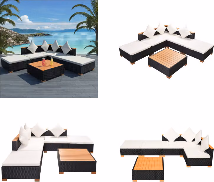 vidaXL Set di 6 pezzi per salotto da giardino con cuscini in poly rattan nero - Set di mobili da giardino - Set di mobili da giardino - Divano da giardino - Divani da giardino