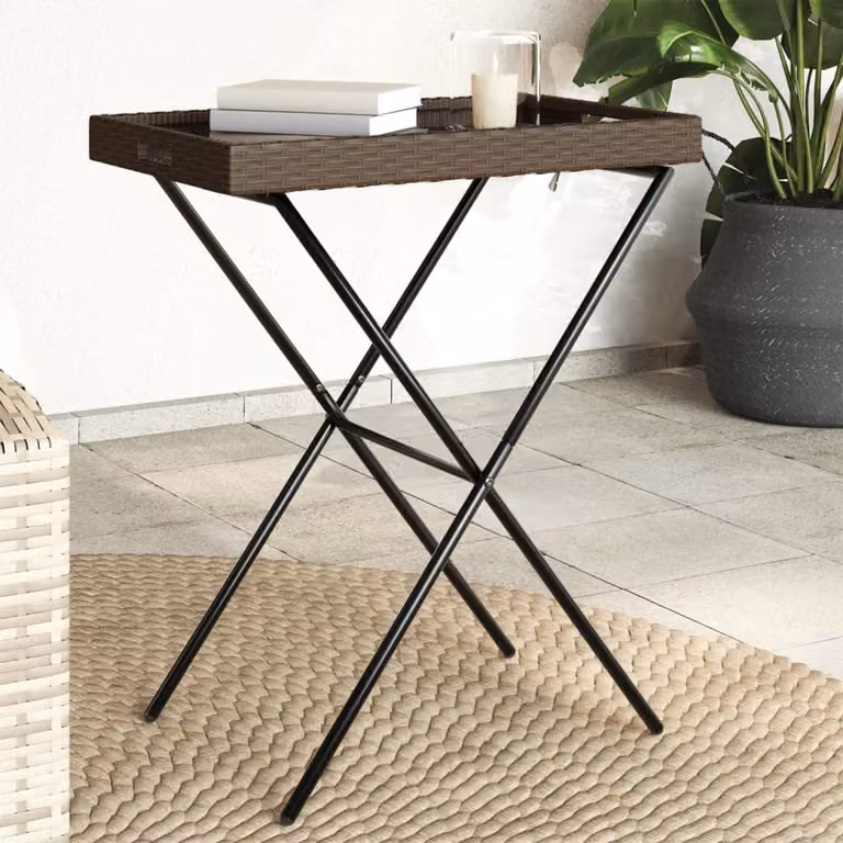 vidaXL Tavolino Vassoio Pieghevole in Polyrattan Marrone L: 65 cm, P: 40 cm, H: 75 cm