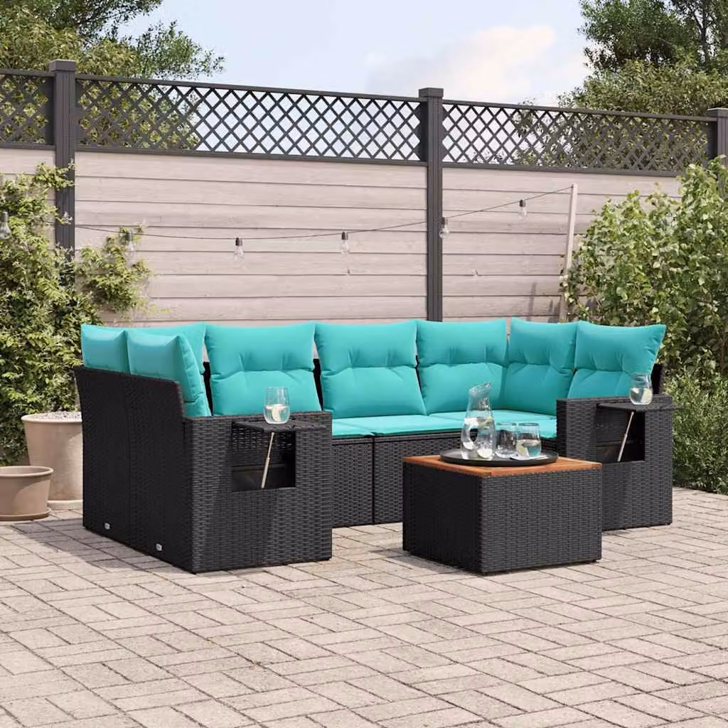 Set da giardino vidaXL in polyrattan nero composto da 7 pezzi con cuscini e tavolino da esterno a forma di L