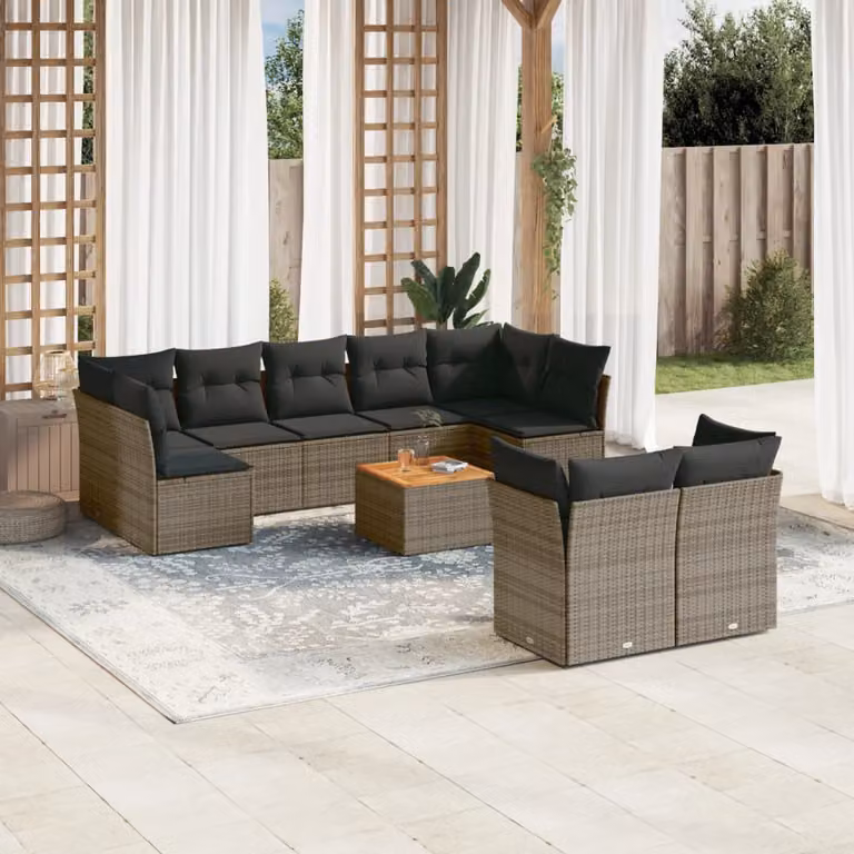 Set Divano da Giardino vidaXL 10 pz in Polyrattan Grigio con Cuscini e Tavolino da Caffè