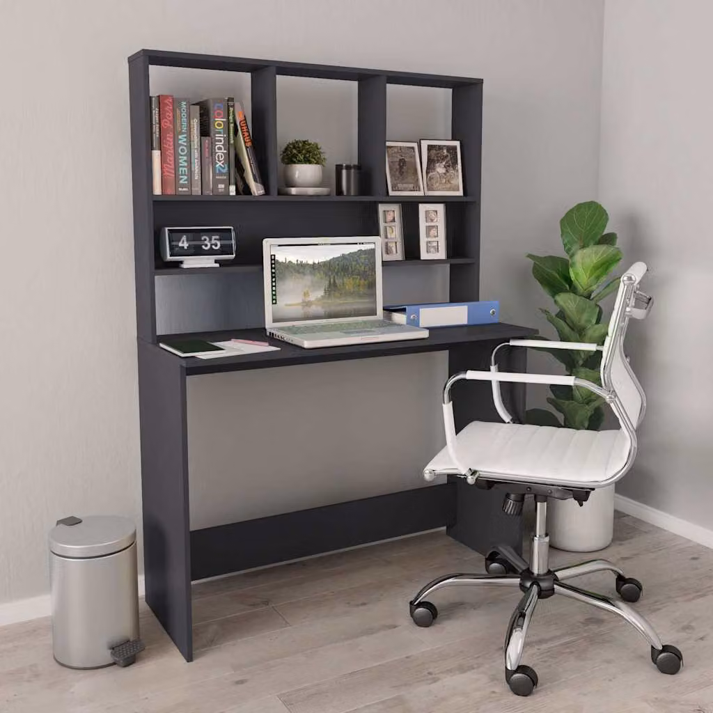 Scrivania con mensole vidaXL moderna in legno multistrato e MDF, colore grigio, L 110 x P 45 x H 157 cm