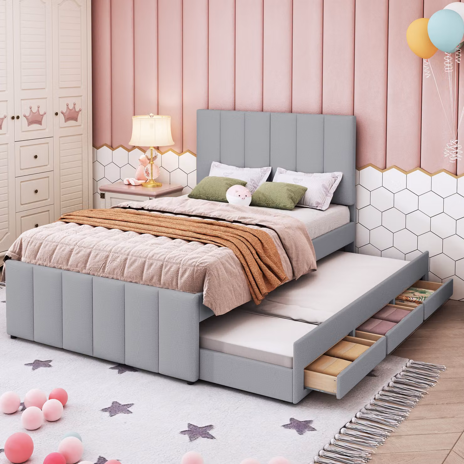 Letto imbottito Merax 90x200cm con letto estraibile e 3 cassetti, biancheria letto matrimoniale letto per bambini letto per ragazzi con rete a doghe e testata regolabile in altezza