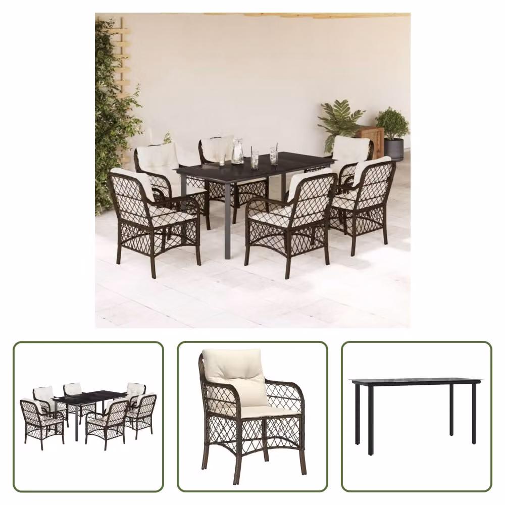 The Living Store Set da pranzo da giardino 7 pezzi con cuscini in polirattan marrone