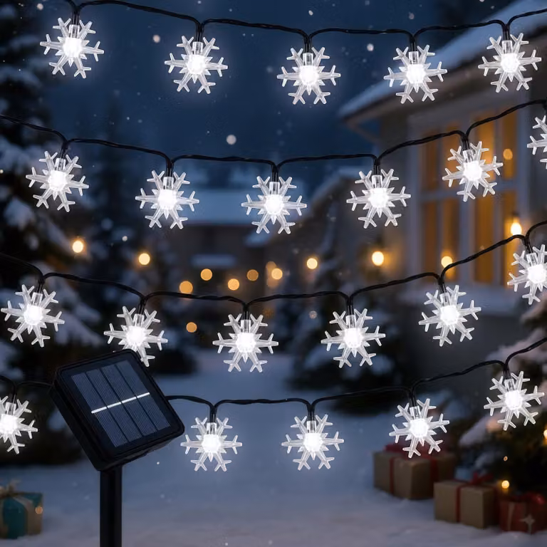 Catena luminosa solare, 10 metri, 80 LED, a forma di fiocchi di neve, bianca, 8 modalità