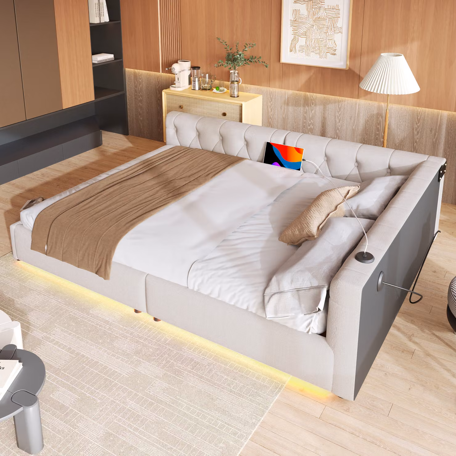 MODFU divano letto, daybed, 140x200cm, divano letto con rete a doghe, illuminazione ambientale con telecomando, testata con bottoni, usb+tipo-c, lino, beige, con materasso