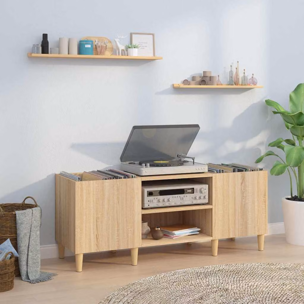vidaXL Mobile Porta Dischi in Legno Aggregato Rovere Sonoma, Colore Marrone e Beige, L 121 cm x P 38 cm x H 48 cm